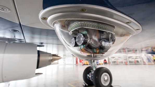 A lower LED beacon light is installed on an Airbus A320-family aircraft fuselage.